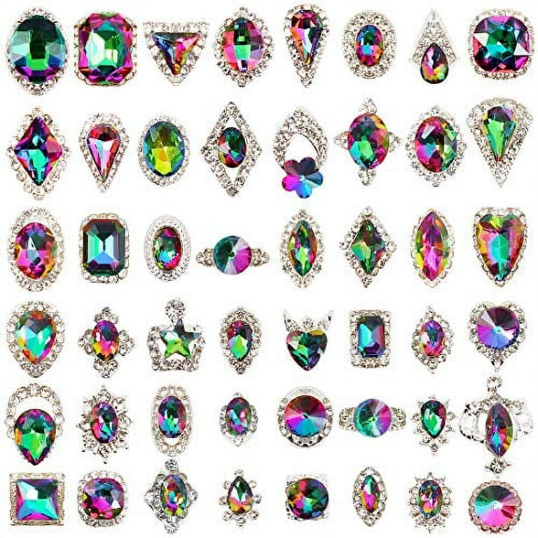 GA&EN 48pcs Big Mix Sizes Different Shape Colorful AB Iridescent 3D  Crystals Diamonds Large Rhinestones Bow Silver Metal Charms Gems Stones for  Nail