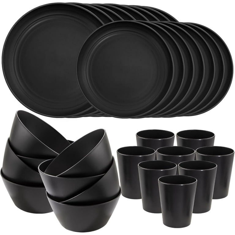 48pcs Black Wheat Straw Dinnerware, Plates and Bowls Set, Camping