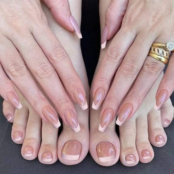 48pcs/Box Detachable Full Cover Artificial Fake Nails Set Nail Tips Square Head Toes False Nails French Ballerina Wearable JP0471-03