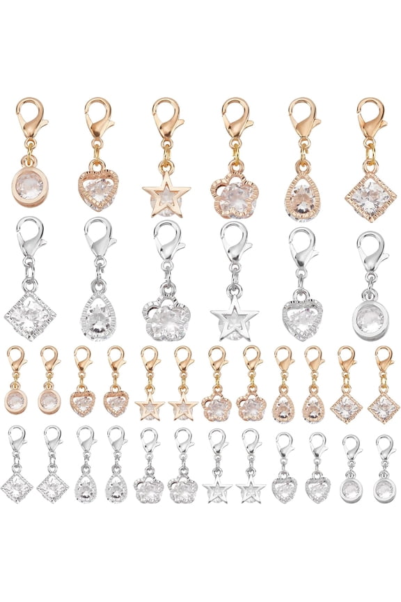 48pcs Cubic Zirconia Pendant Charm with Lobster Dangle 6 Styles Alloy Rhinestone Charm Clip on Pendant Charms for Keychain Necklace Earring Jewelry DIY Crafts Golden/Platinum Clear