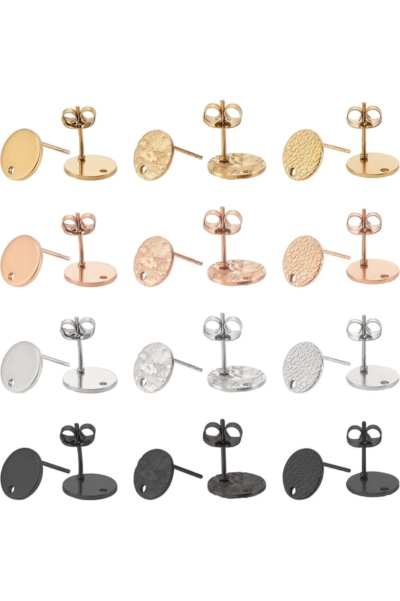 48pcs Flat Round Stud Earring 4 Colors Stainless Steel Circle Stud Earring Post with Ear Nuts Hypoallergenic Earring with Hole for DIY Jewelry Making for DIY