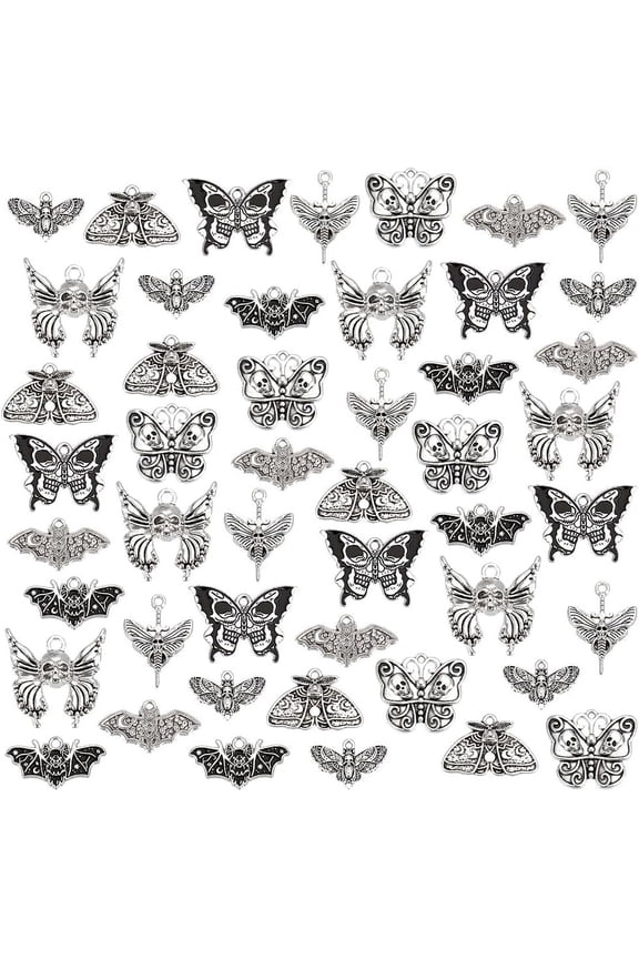 48pcs Gothic Moth Charms Skull Skeleton Head Charms 8 Styles Antique Silver Skull Butterfly Charms Bat Insect Charms for Jewelry Making Bracelets Necklaces DIY Crafts