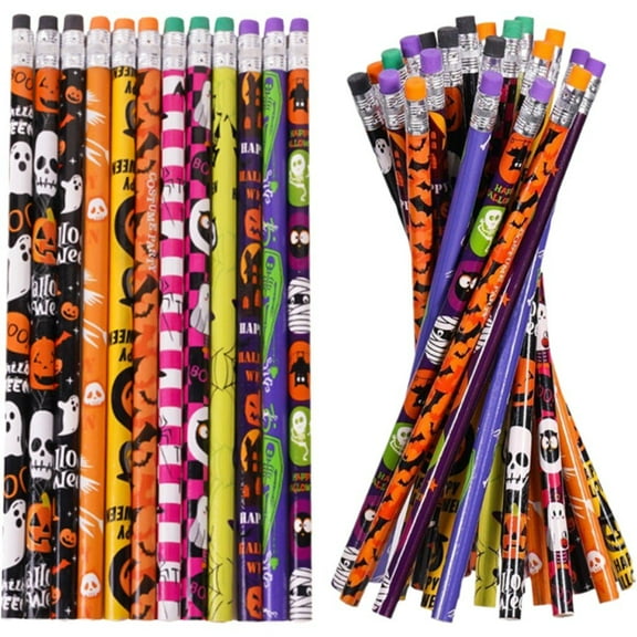 48pcs Halloween Themed Wooden Pencils with Eraser Top Holiday Party Stationery Supplies