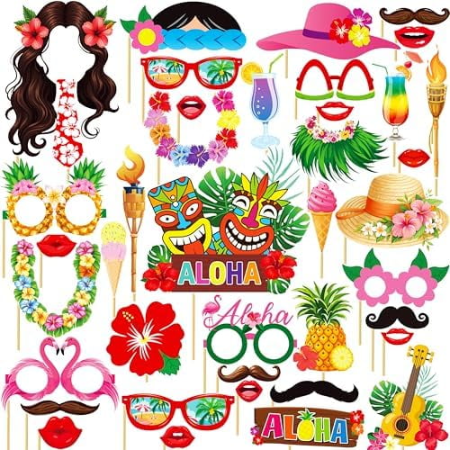 Hawaiian Photo Booth PriNst Props - Pack Of 30, Luau Party Decorations Luau Photo Booth Props Hawaiian Party Decorations Luau Photo Props Hawaiian Pro