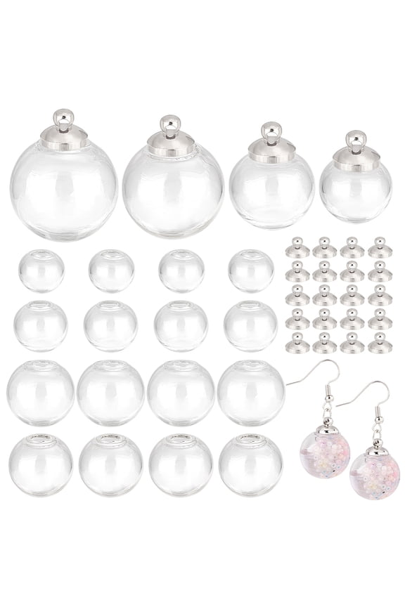 48pcs Mini Glass Globe 4 Size Empty Clear Glass Ball Craft Balls Fillable Ornament Ball for DIY Pendant Jewelry Making with Silver Platinum Bails Cap Hole: 3~5mm DIY