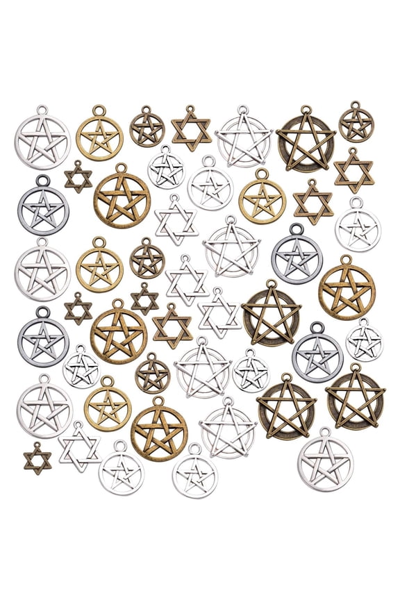 48pcs Mixed Pentagram Charms Round Star Pentacle Pendants Antique Jewelry Accessories for Necklace Bracelet Crafting