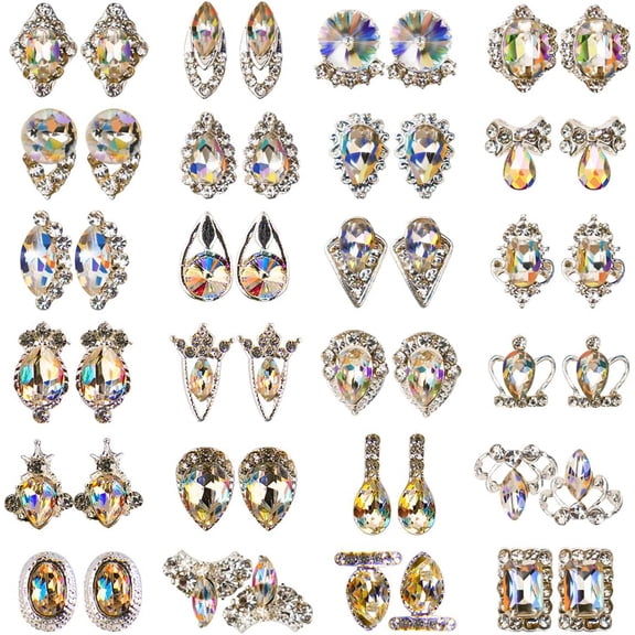 48pcs Nail Crystal AB Rhinestones, Nail Diamonds Glass Metal Gems Jewels Stones for 3D Nails Art Decoration(24 Styles)