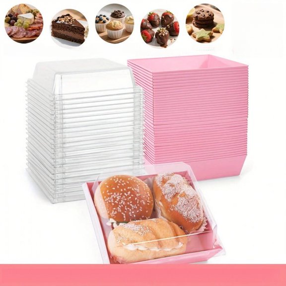 48pcs Pink Oil-Proof Paper Cake Slice Boxes with Clear Lids - 4.72inch Food-Dessert Containers for Bakery, Macarons, Cookies, Charcuterie, Treat Boxes Dessert Boxes