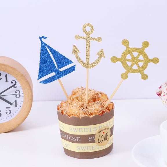 48pcs Sailing Boat Anchor Cake Topper Cake Picks Cupcake Decor Party Supplies for Wedding Birthday Festival