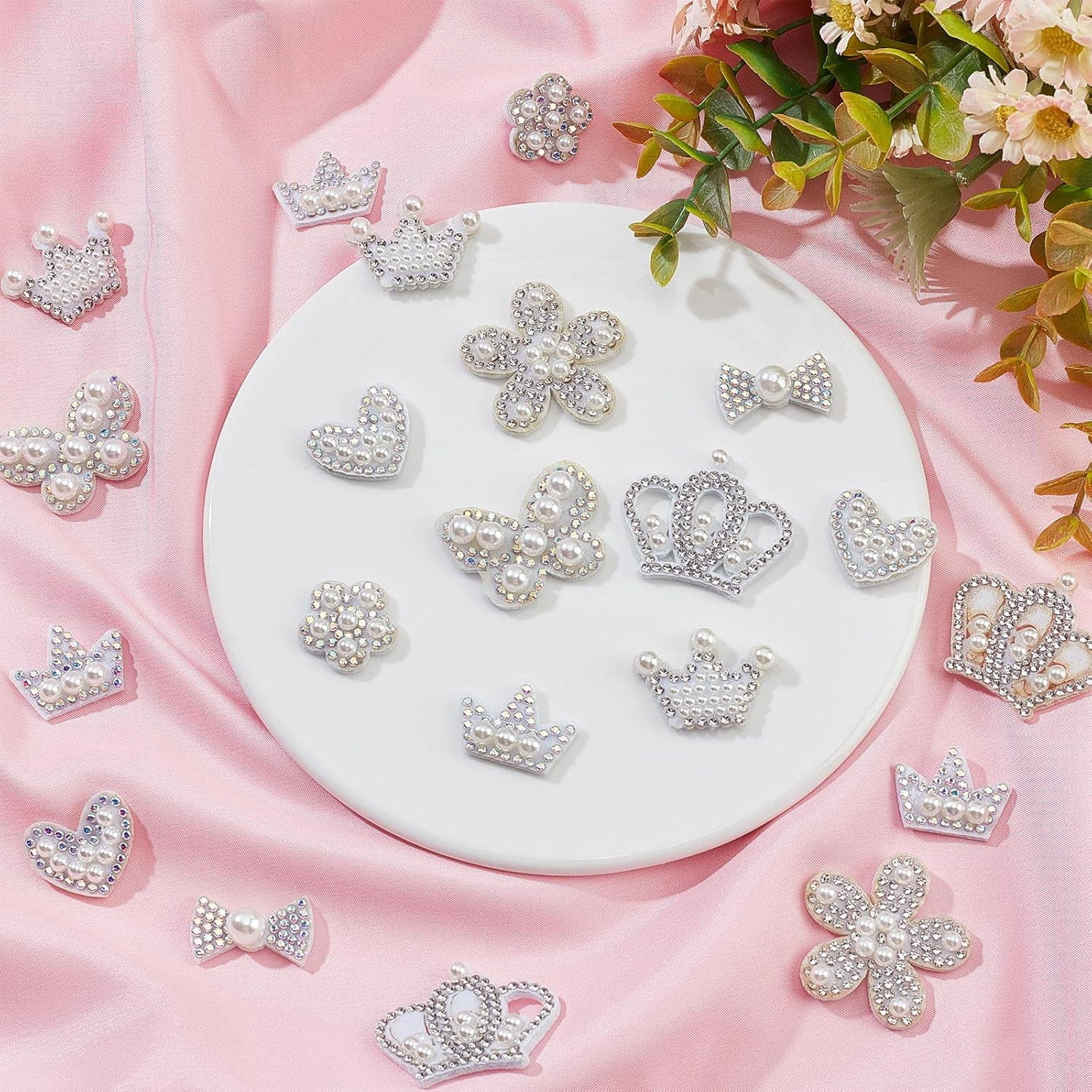 48pcs Shinny Rhinestone Applique Patches Crown Flower Heart Butterfly