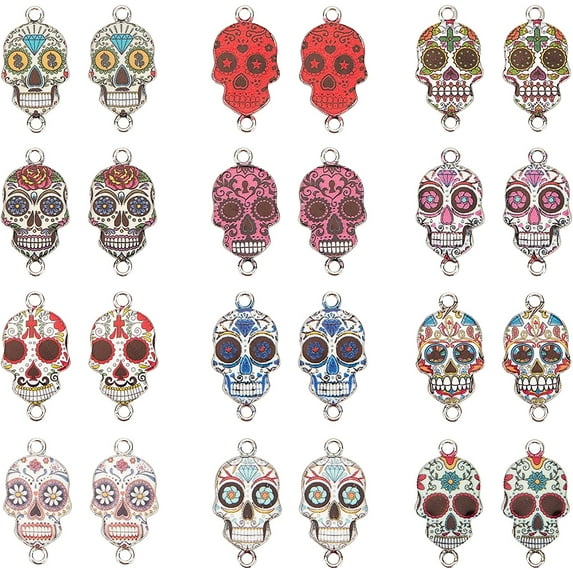 PH PandaHall Skull Pendants Links, 12 Colors Halloween Enamel Skeleton Pendants Tag Connectors Skull Dangle Charms with Double Loop for Necklace Bracelet Earring Crafts Jewelry Making Crafting, 48pcs