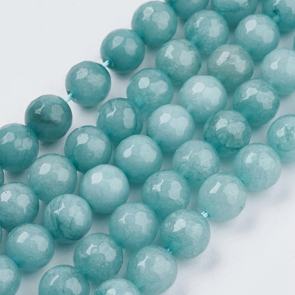 48pcs/Strand Natural Faceted Jade Beads Pale Turquoise Polished Gemstone Loose Beads Dyed Round Spacer for Jewelry Making Craft Design 14.9" Length