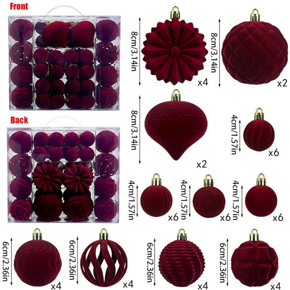 48pcs Velvet Flocked Christmas Ball Ornaments - Mixed Sizes Colorful Plastic Hanging Balls, Colorfast with Secure Loops, Festive Decor for Xmas Tree, Wreaths, Home & Party, Red