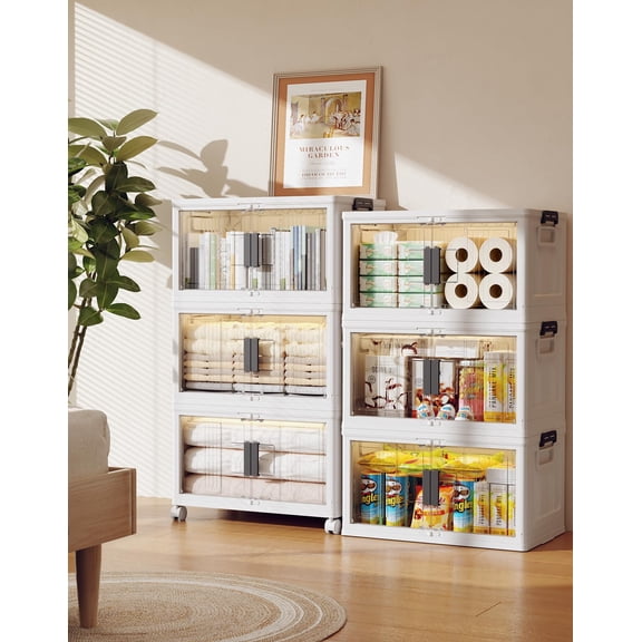 48qt Stackable Storage Bins With Lids - Folding Boxes Doors And Wheels  Collapsible Plastic Organizer For Closets Organization 6 Pack Cubes