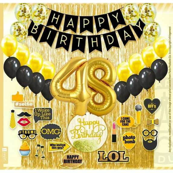 48th Birthday Decoration Black and Gold for Boy & Girl, 48th Cake Topper, 48th Party Supplies for Her and Him, 48th Birthday Photo Props