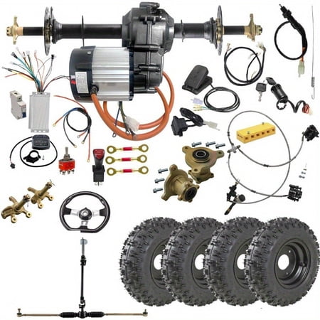 48v 1000W Differential Motor Kit 760mm Rear Axle Shaft 6" Wheels Front Steering
