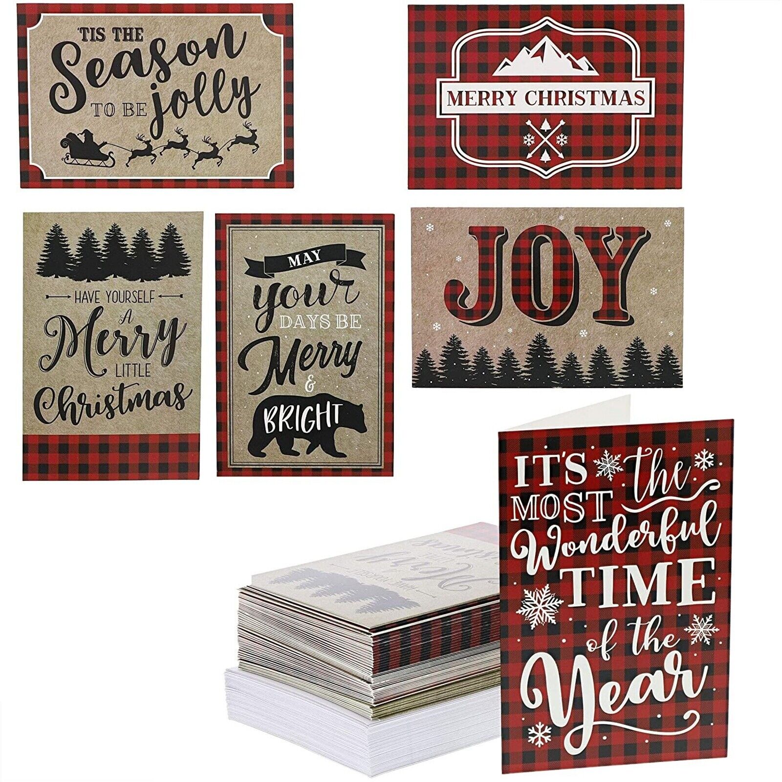 48x Christmas Cards with Envelopes, Red Plaid Blank Greeting Cards Bulk