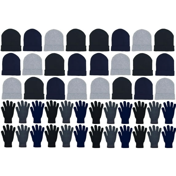48x Winter Beanies & Gloves Combo Pack, Bulk Pack for Men Women, Warm Cozy Gift (Black Navy Gray)