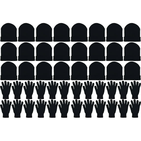 48x Winter Beanies & Gloves Combo Pack, Bulk Pack for Men Women, Warm Cozy Gift (Black)