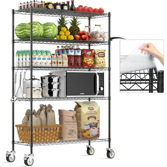 48x18x72 Inch Wire Shelving with Wheels, 3000 Lbs Heavy Duty Storage Shelves, Commercial-Grade Adjustable Utility Shelf, NSF-Certified Metal Storage Rack with Shelf Liners, 5-Tier, Matte Black