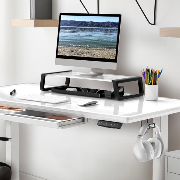 48x24 Glass Electric Height Adjustable Standing Desk – Motorized Sit Stand Desk with Monitor Riser, Pull-Out Drawer, Memory Presets, White