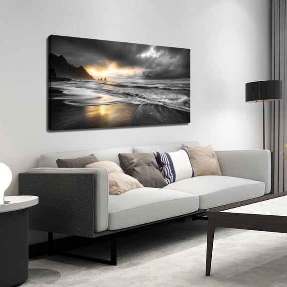 48x24 Inch Black and White with Gold Accent Sunset Beach Wall Art, Reynisfjara Iceland Black Sand Beach Ocean Wave Landscape Canvas Print, Modern Seaside Wall Decor Picture for Home Office