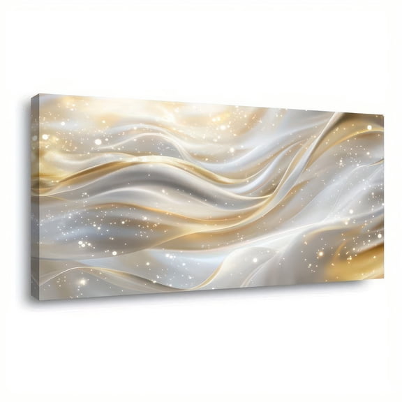 48x24 Inch Framed Canvas Art Abstract Gold and White Waves Wall Painting Modern Home Decor for Living Room Bedroom