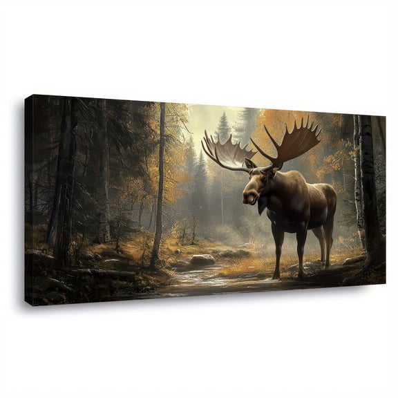48x24 Inch Framed Canvas Print Moose in Forest Wildlife Art Wall Decor for Living Room Bedroom Home Decoration