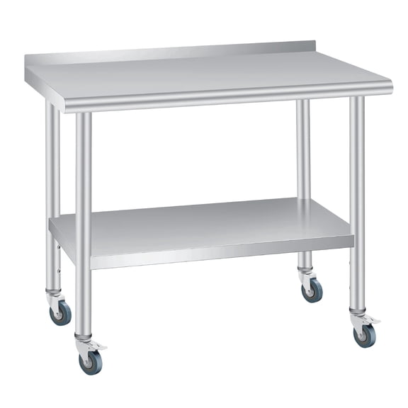 Tzou 48x24 InchStainless Steel Prep Table - Commercial Kitchen Workstation with Backsplash, 4 Casters & Adjustable Shelf