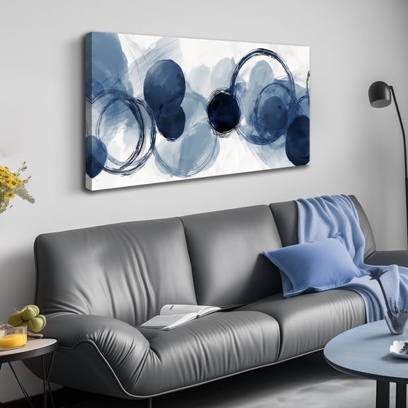 48x24 Inches Blue Watercolor Circle Abstract Canvas Wall Art, Modern Indigo Circular Print Wall Decor, Minimalist Picture for Living Room Bedroom Office Home Decoration