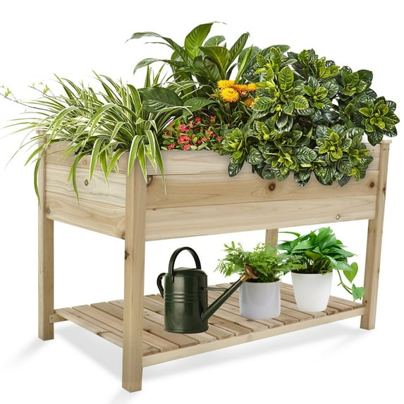 48x24x30in Raised Garden Bed Outdoor with Storage Shelf, Planter Box for Balcony /Patio /Backyard with Bed Liner, Suitable for Vegetables/ Flowers/ Herbs, 310lb Capacity (Natural)