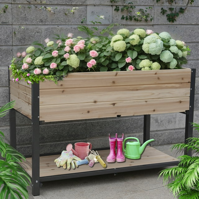 48x24x30in Raised Garden Bed Outdoor with Storage Shelf, Planter Box for Balcony /Patio /Backyard with Bed Liner, Suitable for Vegetables/ Flowers/ Herbs, 310lb Capacity (Gray)