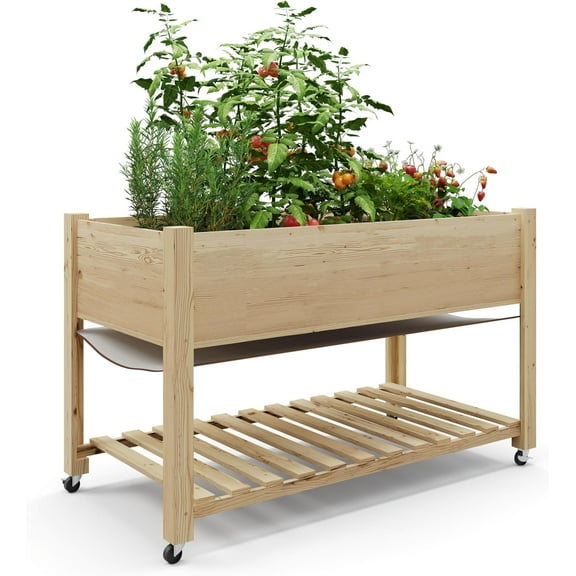 48x24x30in Raised Garden Bed with Wheels,Elevated Raised Planter Box Outdoor for Growing Vegetables and Herbs,Sturdy Wooden Raised Table Garden Bed with Legs-Enhanced Depth,Natural