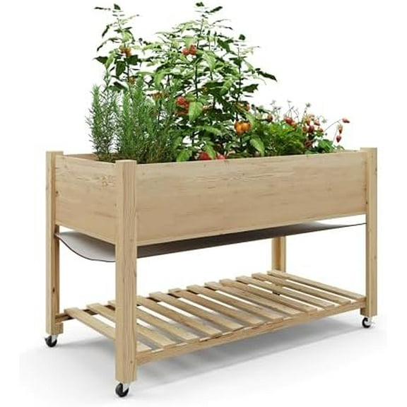 48x24x32 Inch Raised Garden Bed, Mobile Planter Box with Lockable Wheels, Built-In Storage Shelf & Durable Protective Liner for Vegetables, Flowers, Outdoor Use On Patio, Deck, Backyard(Natural)