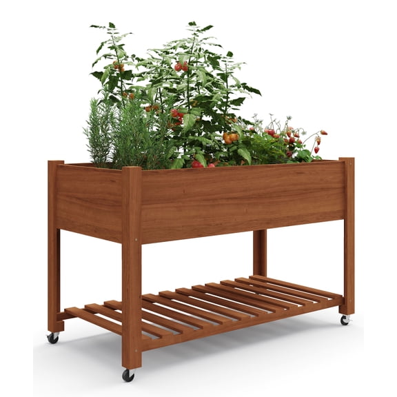 48x24x32in Elevated Wooden Raised Garden Bed Planter Box – Wheels, Storage Shelf, Liner – For Vegetables, Herbs, Flowers – Sturdy Outdoor Table for Patio, Deck, Backyard