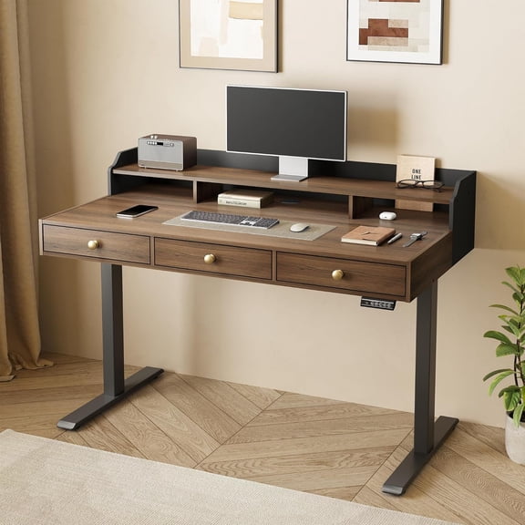 48x26" Electric Standing Desk w/ 3 Drawers & Monitor Shelf, Height Adjustable Stand Up Table for Home Office, Black Walnut