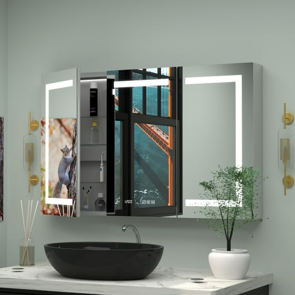 48x30 Lighted Medicine Cabinet, Anti-Fog, Clock, Thermometer, Surface/Recessed, 2 Outlet+2 USB