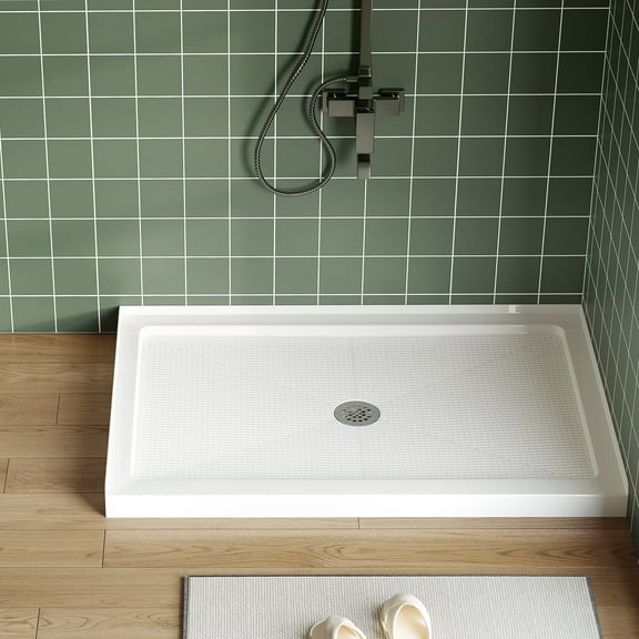 48x32 Inch Shower Pan with Center Drain – Anti-Slip Acrylic/PVC Shower Base, Easy Install with ABS Drain Kit & Steel Cap, White