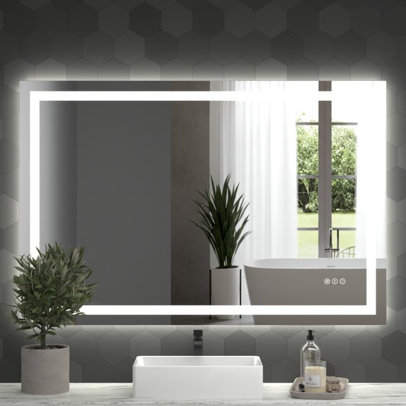 48x32 LED Bathroom Mirror with Front & Backlight, Wall Mounted Vanity, Aluminum Frame, Anti-Fog, 3 Colors, Dimmable