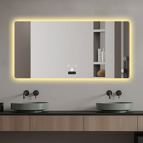 48x32in Frameless bathroom mirror with light, LED backlit mirror, tri-color dimming, anti-fog function, waterproof, smart sensor