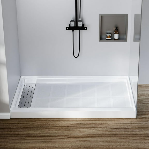 48x32x4 Inch/60x32x4 Inch Shower Base, SMC Polymer Shower Pan with 304 Stainless Steel Linear Drain Cover, 4" Raised Water Barrier, Textured Non-Slip Bathroom Floor Tray