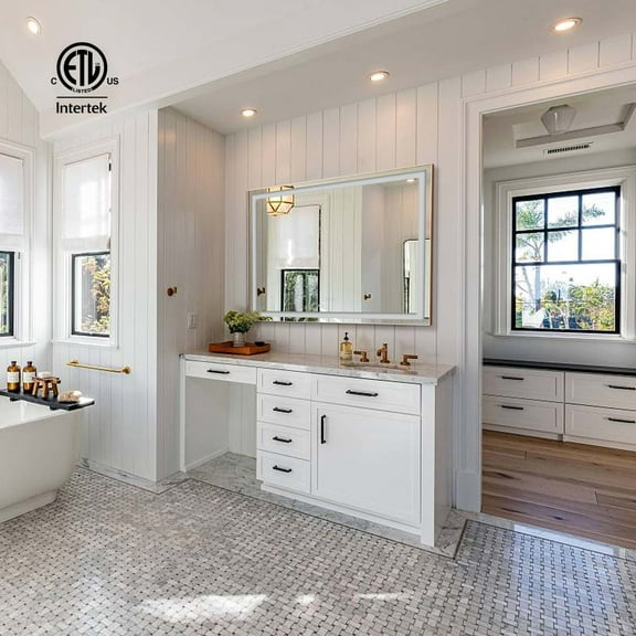 48x36 Inch LED Mirror for Bathroom with Front, Gold Framed Stepless Dimmable Lighted Anti-Fog Wall Mirror with Memory Function