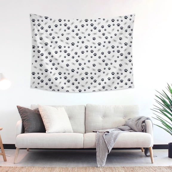 48x36 Inch Rectangle Wall Tapestry for Indoor & Outdoor, Living Room, Bedroom, Teen Room,Cat Paw Print Fish White Pattern