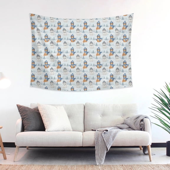 48x36 Inch Rectangle Wall Tapestry for Indoor & Outdoor, Living Room, Bedroom, Teen Room,Cat Winter Snow Blue Pattern
