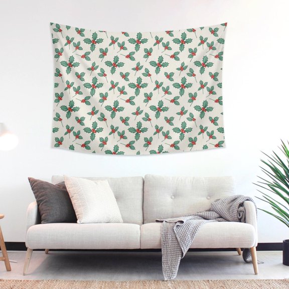 48x36 Inch Rectangle Wall Tapestry for Indoor & Outdoor, Living Room, Bedroom, Teen Room,Christmas Holly Leaf Beige Pattern