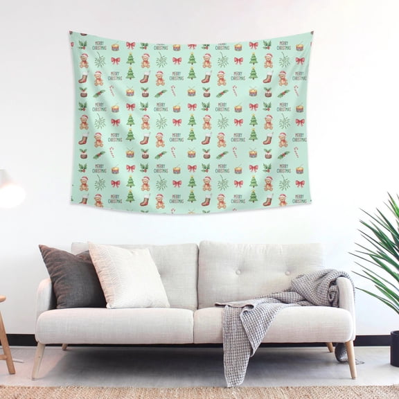 48x36 Inch Rectangle Wall Tapestry for Indoor & Outdoor, Living Room, Bedroom, Teen Room,Christmas Stocking Bear Tree Light Blue Pattern