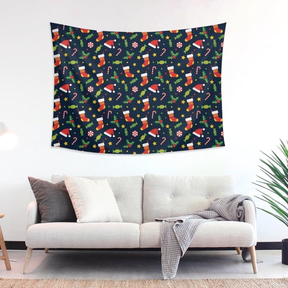 48x36 Inch Rectangle Wall Tapestry for Indoor & Outdoor, Living Room, Bedroom, Teen Room,Christmas Stocking Candy Dark Blue Pattern