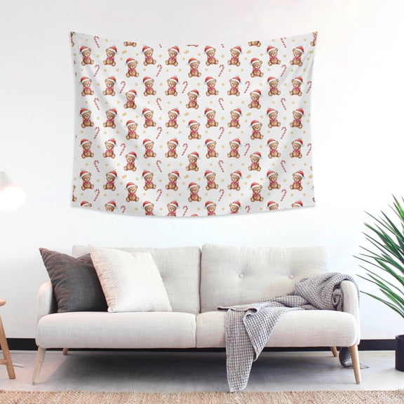 48x36 Inch Rectangle Wall Tapestry for Indoor & Outdoor, Living Room, Bedroom, Teen Room,Christmas Teddy Bear Candy Cane White Pattern