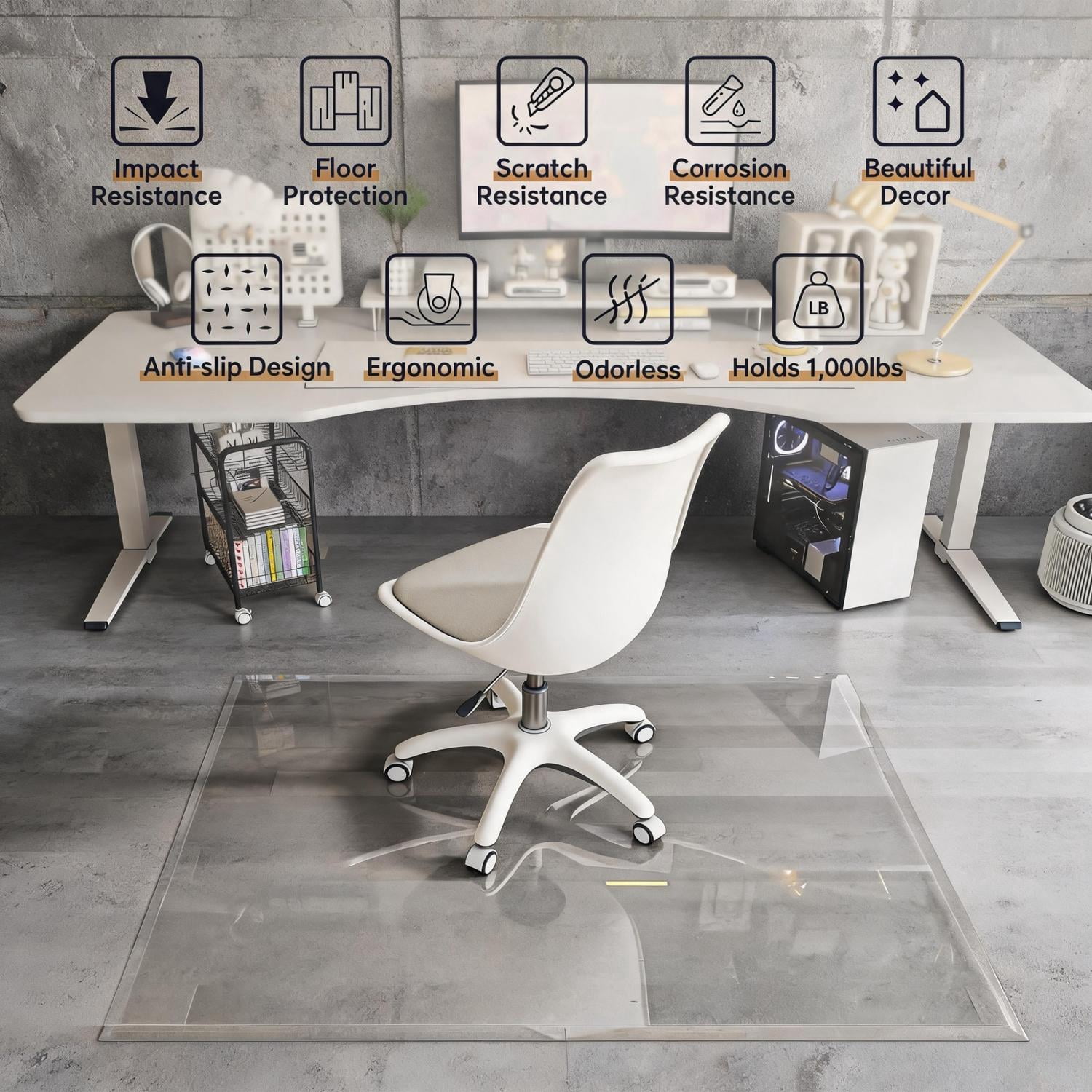 48x36-Inch Tempered Glass Chair Mat with Beveled Edge, 5mm Thick Office Floor Mat and Desk Protector for Hardwood Floors and Carpet, 1000 lb, Transparent