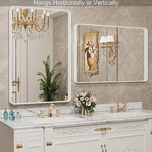 48x36 Inch White Metal Framed Bathroom Mirror for Wall, White Bathroom ...